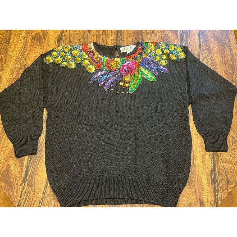 Victoria Harbour Ladies Black And Colored Sequin Beaded Sweater M Vtg